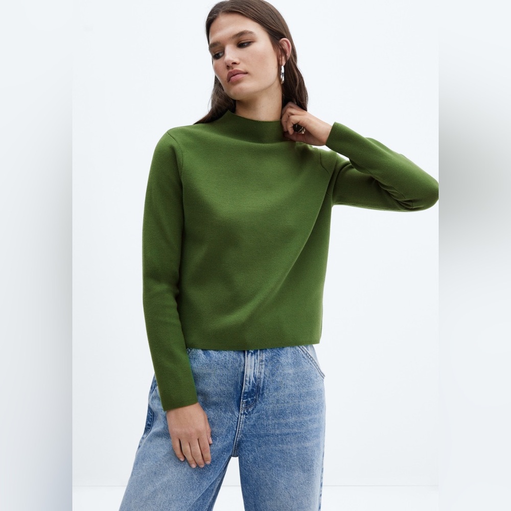 MANGO Green Perkins Mock Neck Sweater